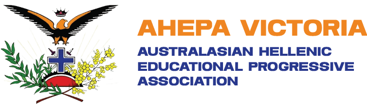 Vibrant AHEPA Victoria logo featuring Hellenic symbols and Greek colors for Australian Greek community outreach.